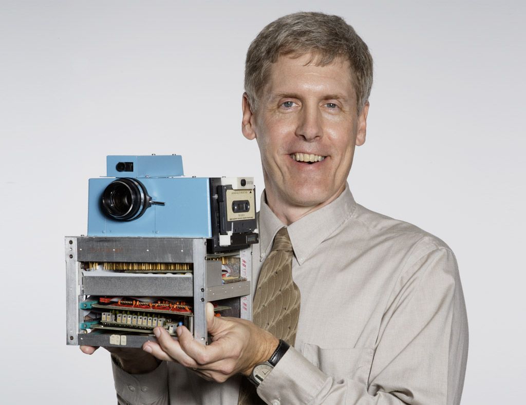 Steve Sassoon, Inventor of the Digital Camera. Super-8 camera lens, cassette recorder, NIC-d batteries and an analog-to-digital converter.