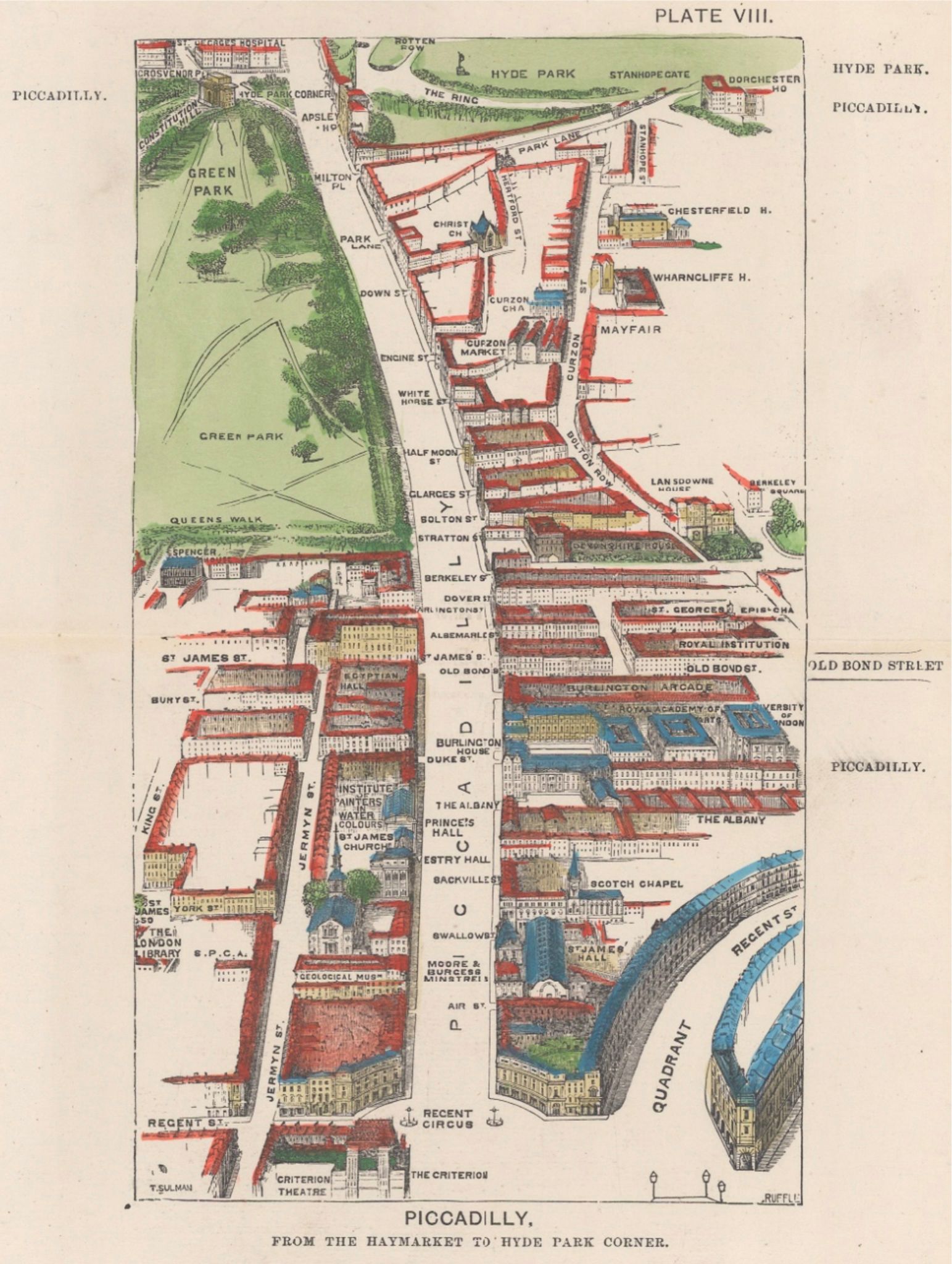 Birds Eye View Map of Piccadilly illustrating Mayfair by Engraver Thomas Sulman from 1880.