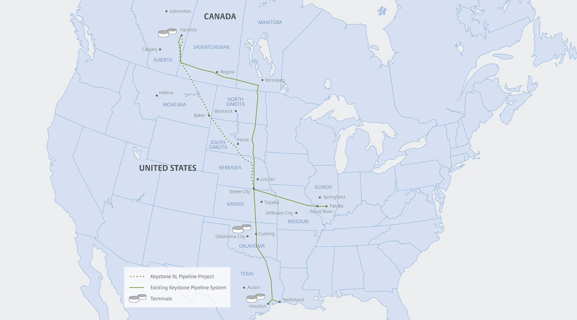 Map of Keystone and XL Pipeline from Canada to Houston Texas. Source: Keystone XL