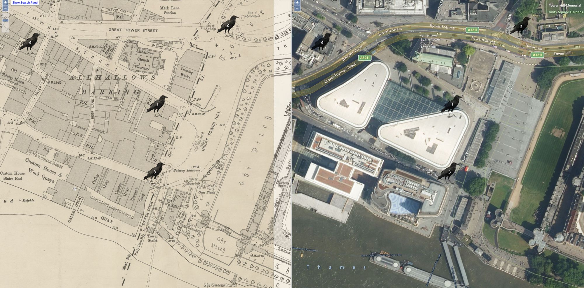 Tower Hill area from 1895 OS Map and current day: National Library of Scotland