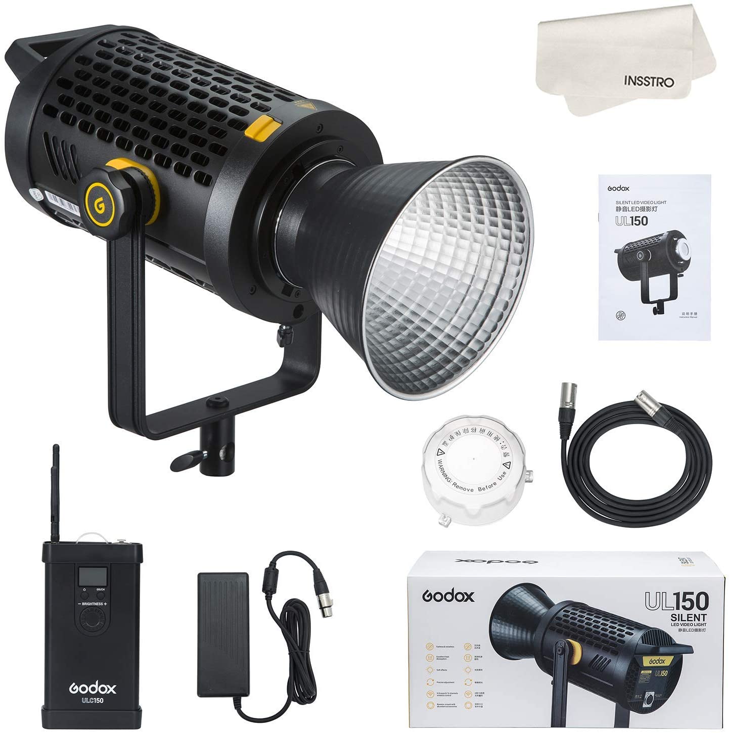 Godox UL150 Continuous LED Light with reflector, remote and power supply.