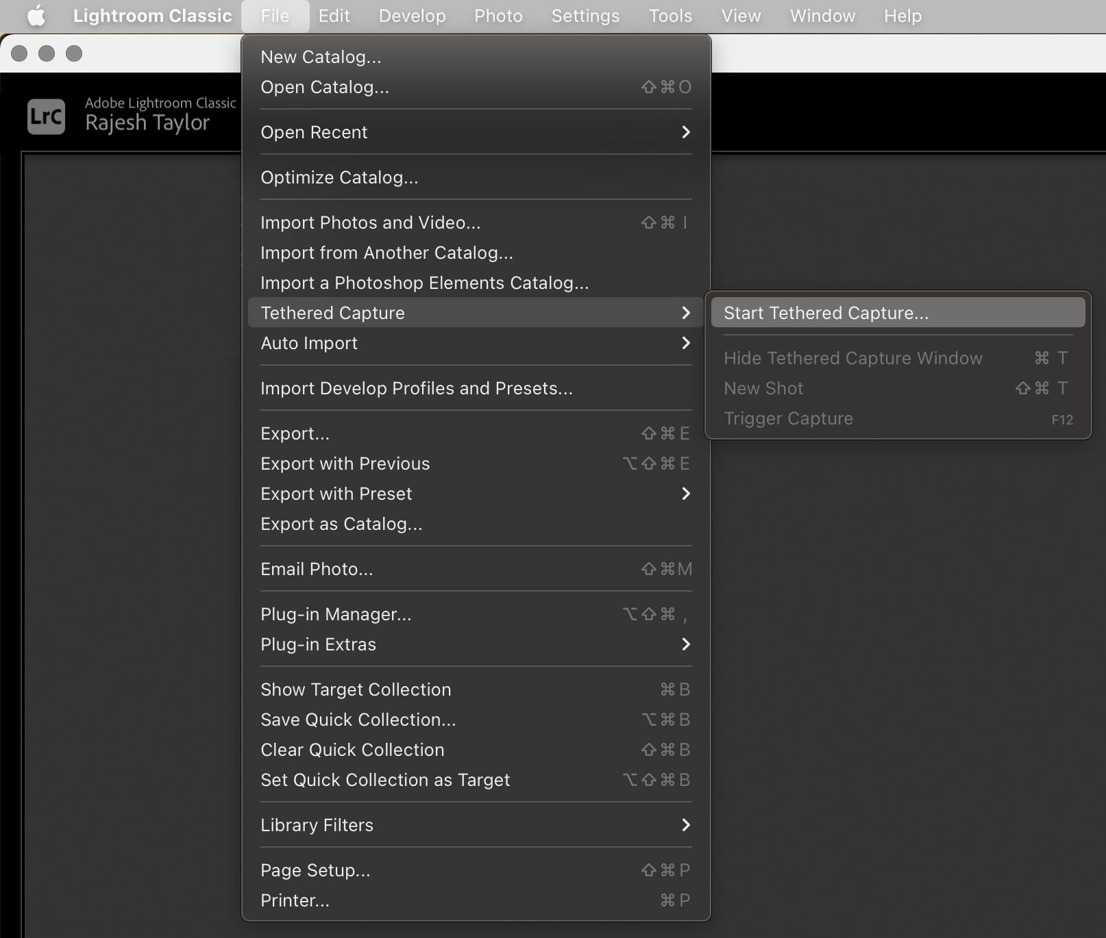 Navigating to start tether capture in Lightroom Classic.
