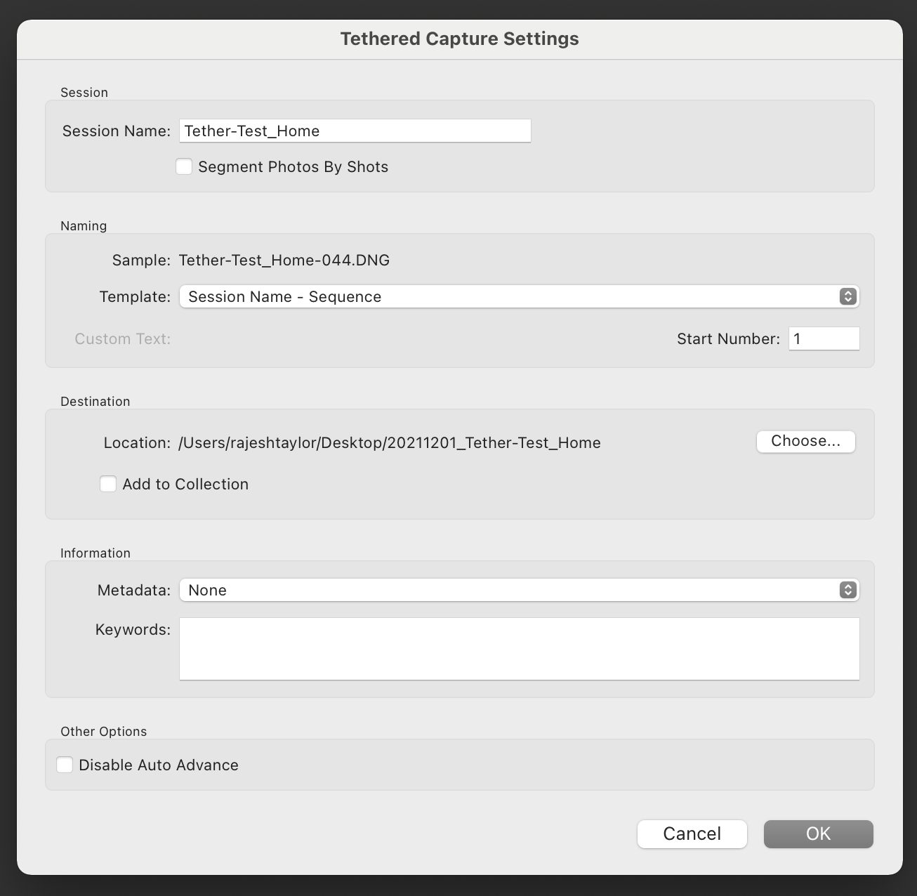 Tethered Capture Settings dialogue box in Lightroom Classic