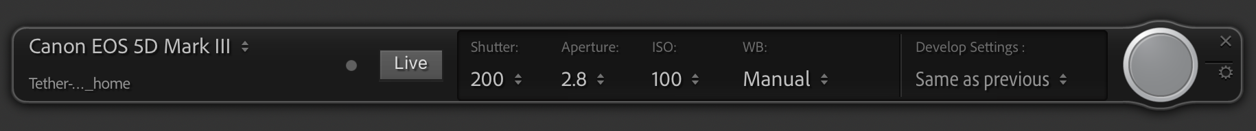Lightroom Classic floating settings field for live tethered shooting.