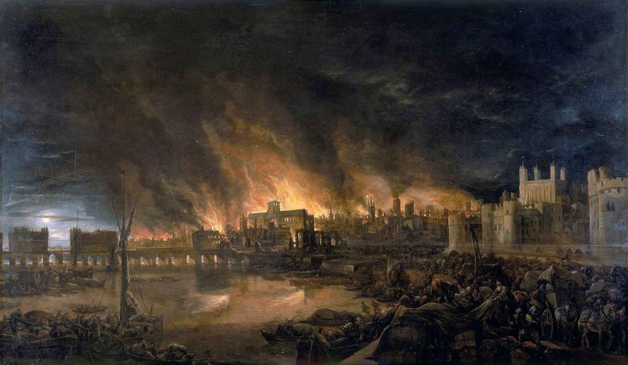 Artist's impression of The Great Fire sweeping west of The Tower of London.