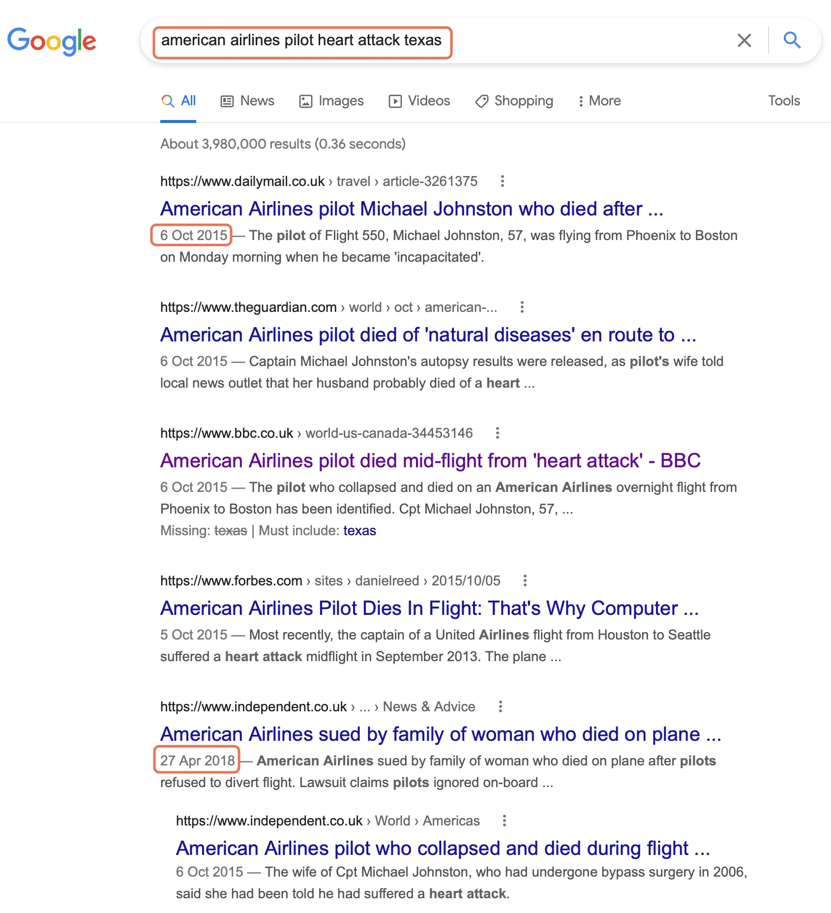 Google search results show no indexing of 9th April 2022 American Airlines story. 