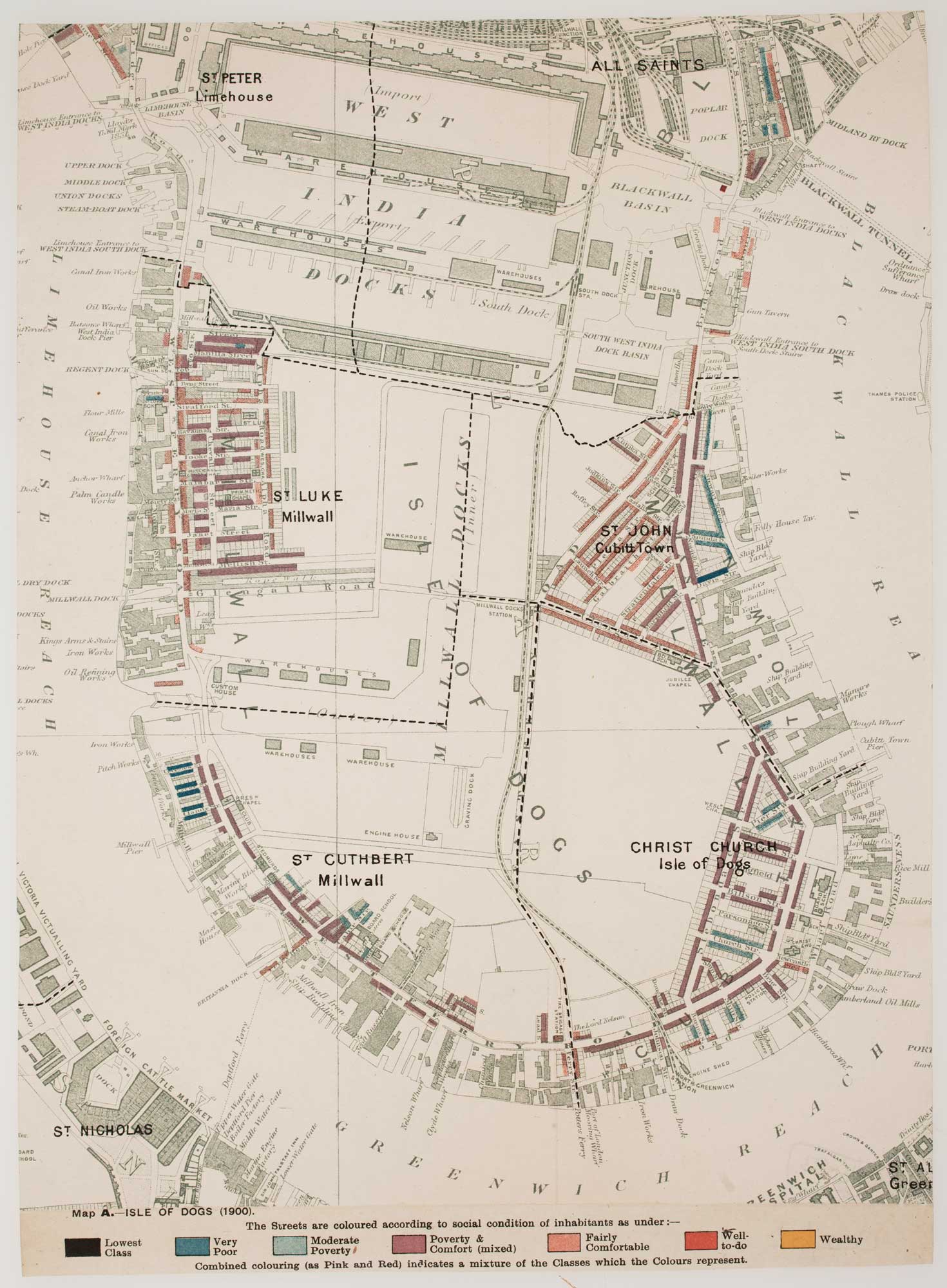 Map A of Charles Booth's Poverty Map of London, published in 1889. Source: Altea Gallery Mayfair